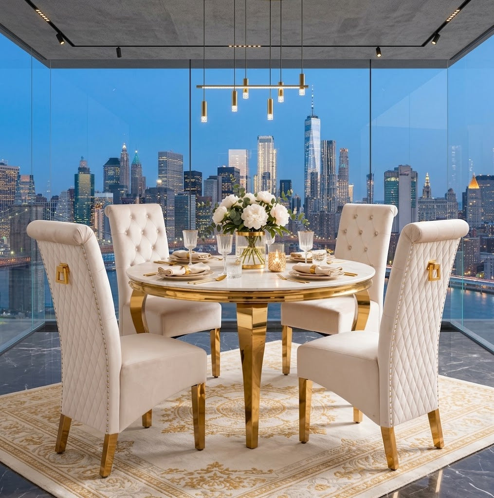 Louis Round White & Gold Marble & Gold Dining Set with Cream Lucy Ring Knocker Chairs – 130cm Round, 4 Seater