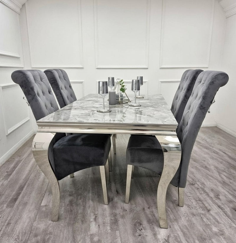 Luxury Louis Grey Marble Dining Table Set with 4 Lion Knocker Chairs