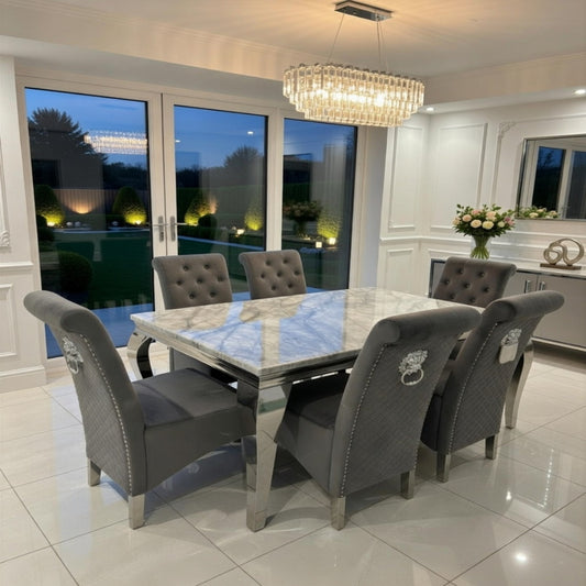 1.5m LOUIS GREY MARBLE DINING TABLE WITH 6 LUCY LION KNOCKER GREY PLUSH VELVET CHAIRS SET