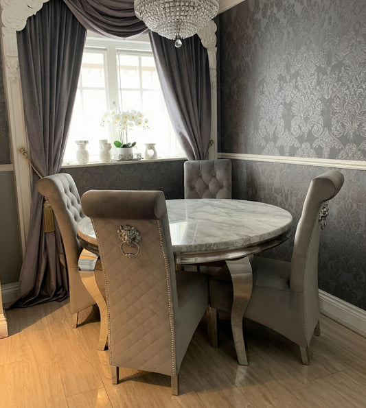 Louis White Marble 130cm Round Dining Table + Lucy Grey Lion Knocker Plush Velvet Chairs
