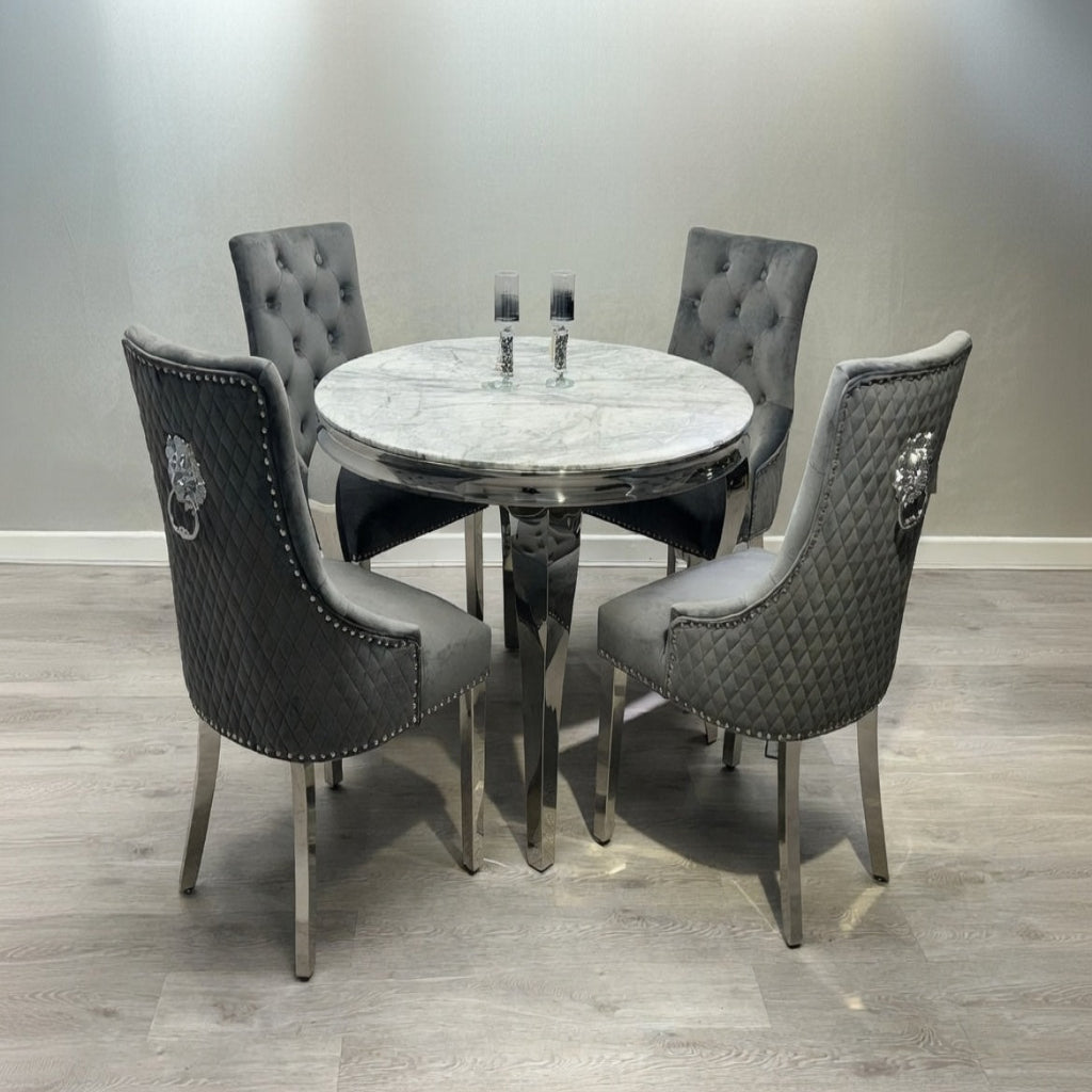Louis Grey Marble Round Dining Table and Velvet Knocker Chairs