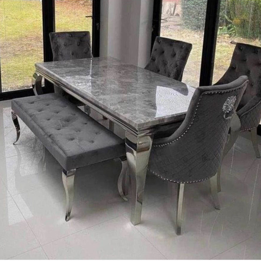 Louis Marble 1.8m Or 1.5m Dining Table With Bentley Knocker Lion Chairs
