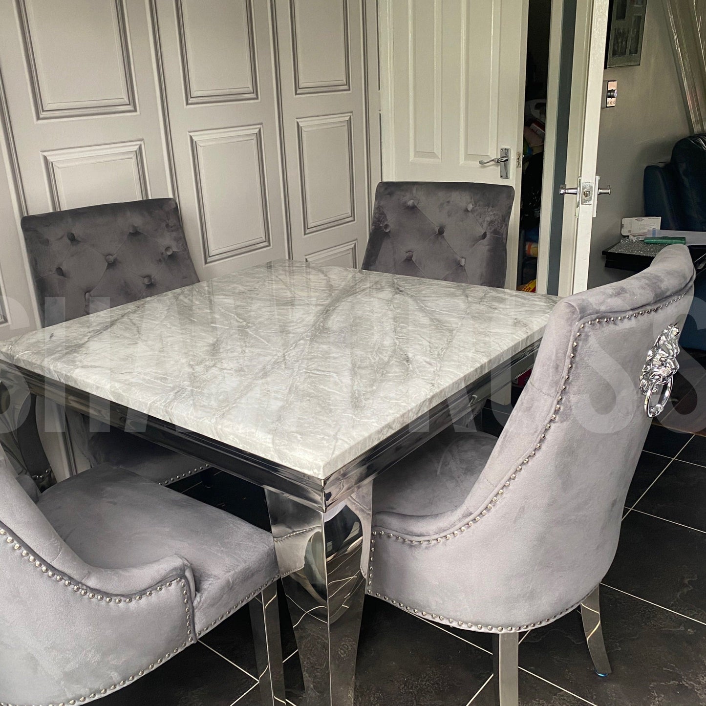 louis 1m x1m marble dining set with velvet knocker chairs