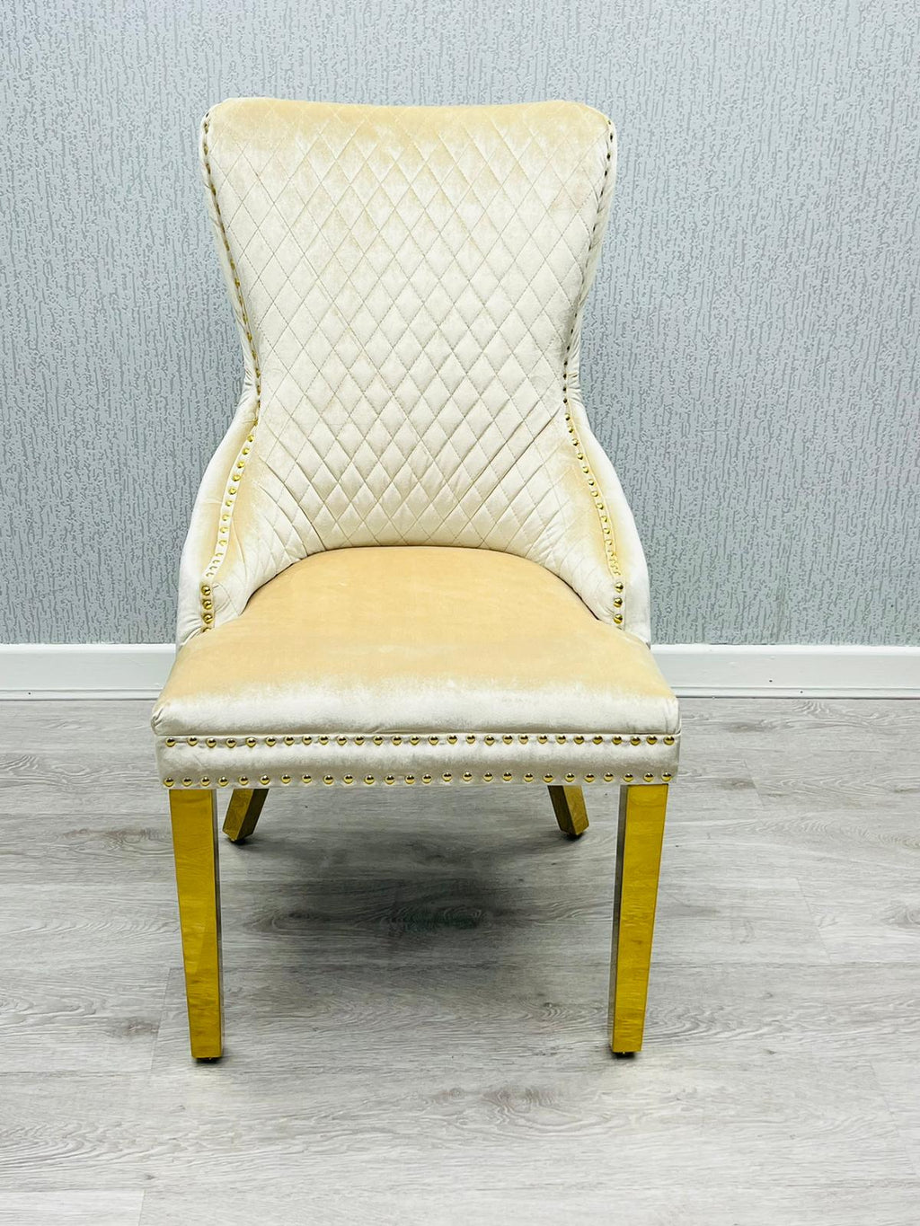 Pair of 2 Victoria cream and gold Dining Chairs with Ring Knocker