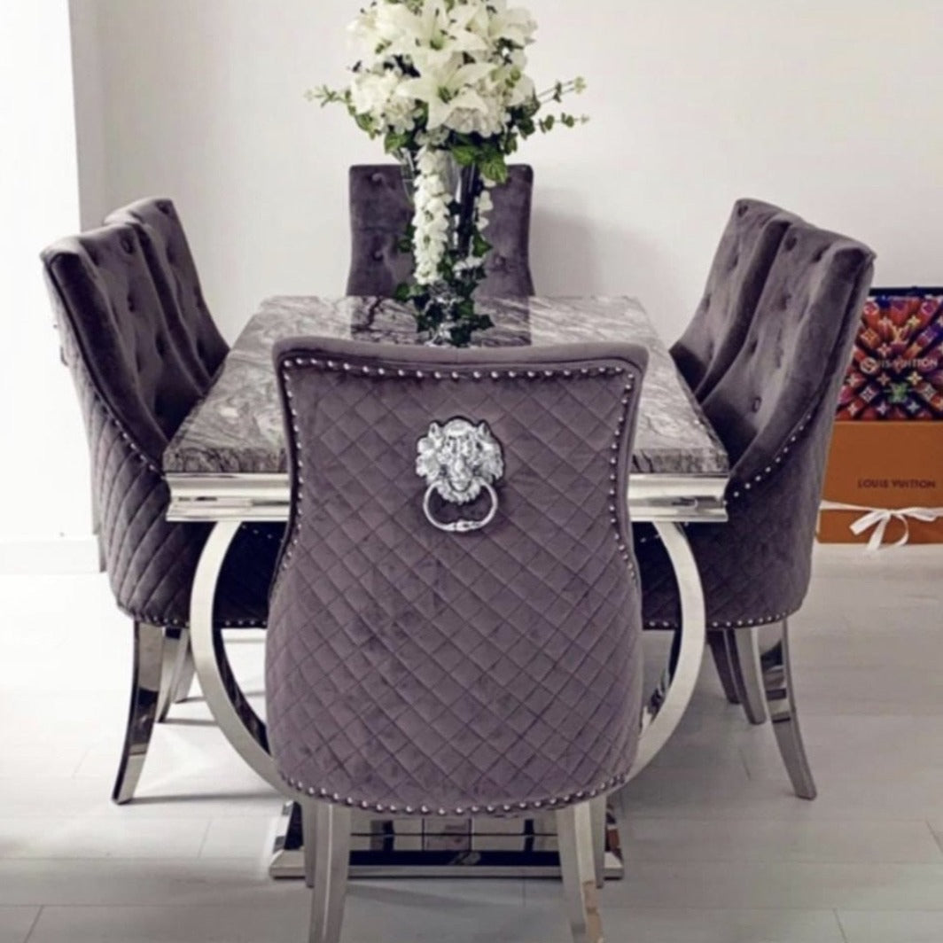Ariana Marble 1.8M Dining Table With Grey Bentley Velvet Knocker Chairs