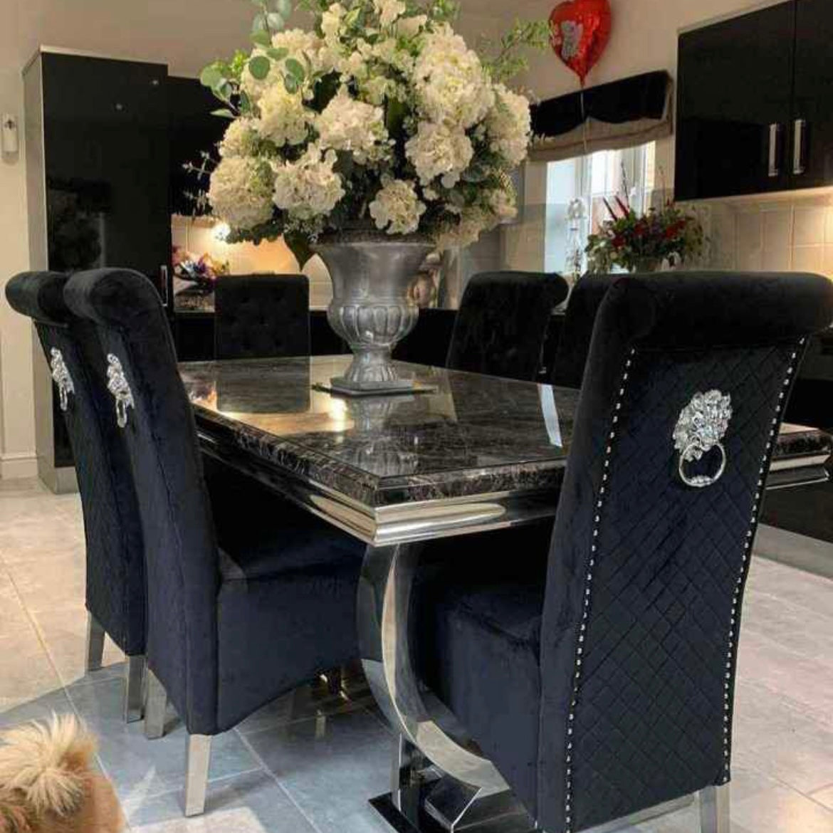 Ariana Black Marble 1.8M Dining Table With Black Lucia Quilted Velvet Lion Knocker Chairs