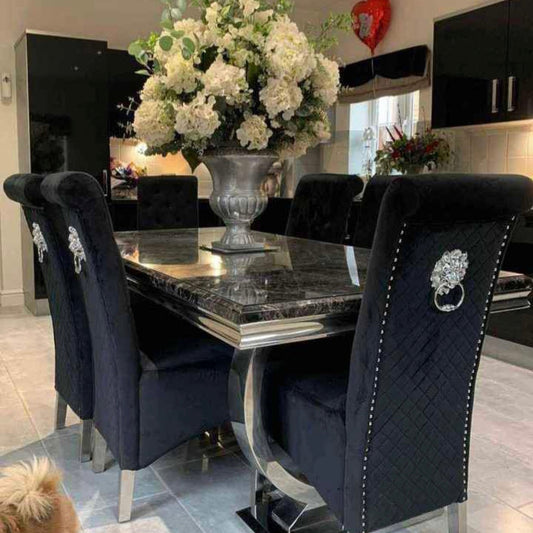 Ariana Black Marble 1.8M Dining Table With Black Lucia Quilted Velvet Lion Knocker Chairs
