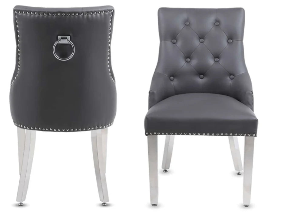 Pair of 2 Valencia Dining Chair Dark Grey Pu Leather Ring Knocker