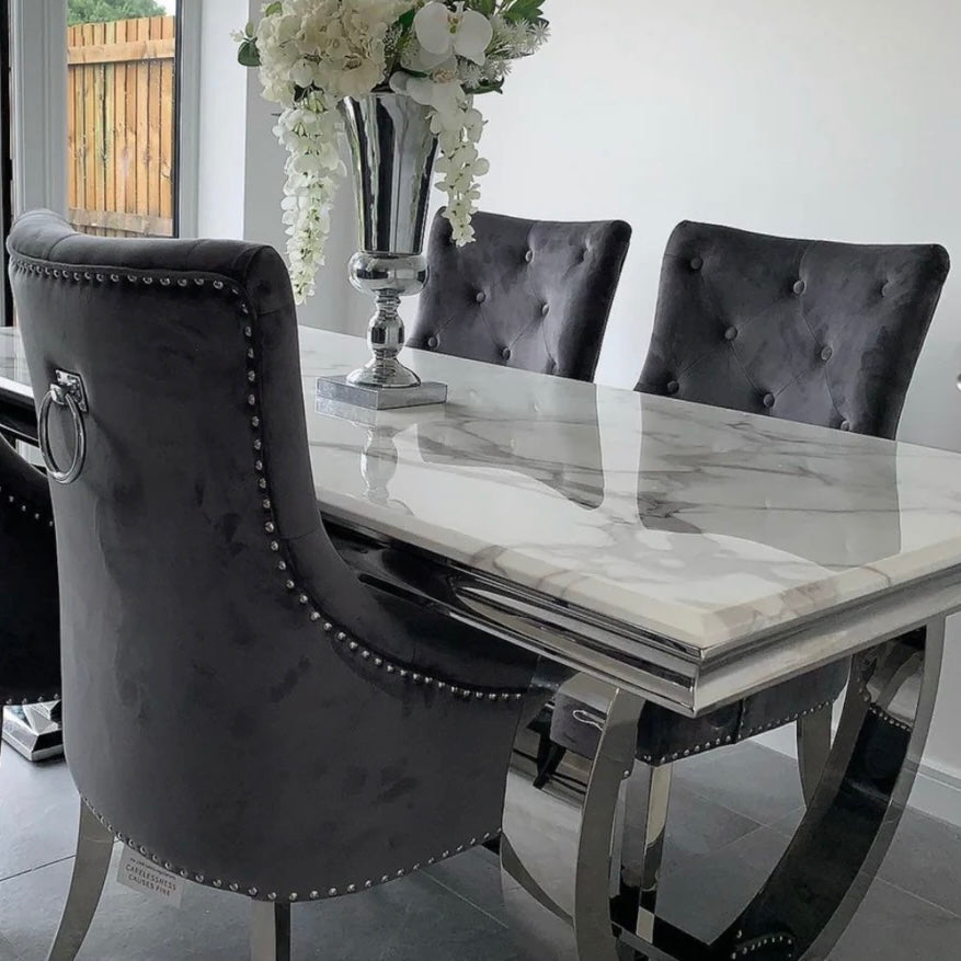 Ariana Marble 1.8M Dining Table And Cheshire Velvet Knocker Dining Chairs Or Bench