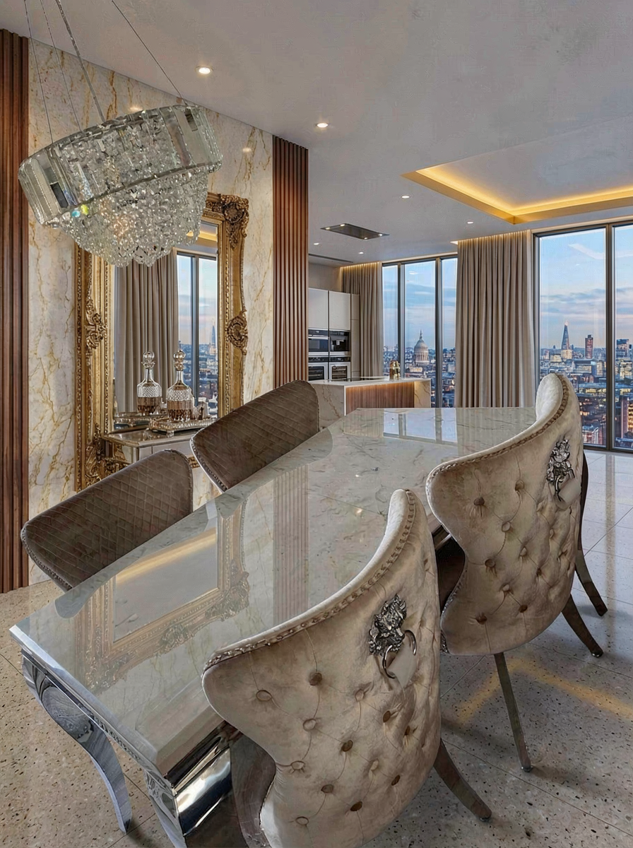 Louis Marble Dining Table With Lewis Lion Knocker Chairs