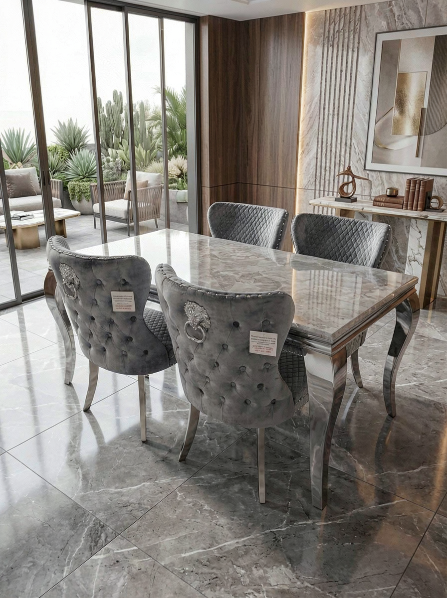 Louis Marble Dining Table With Lewis Lion Knocker Chairs