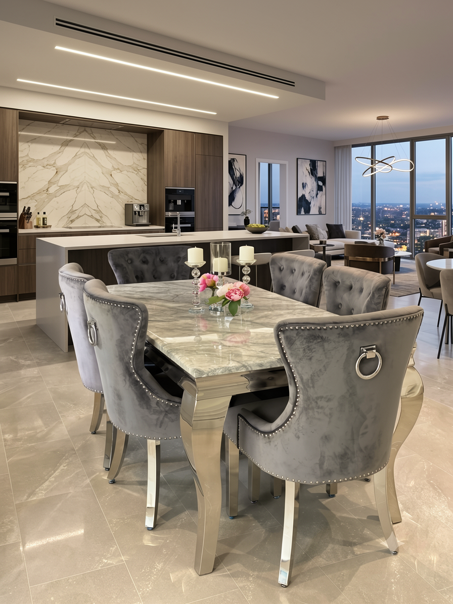 Louis Marble Dining Table With Jessica Ring Knocker Chairs