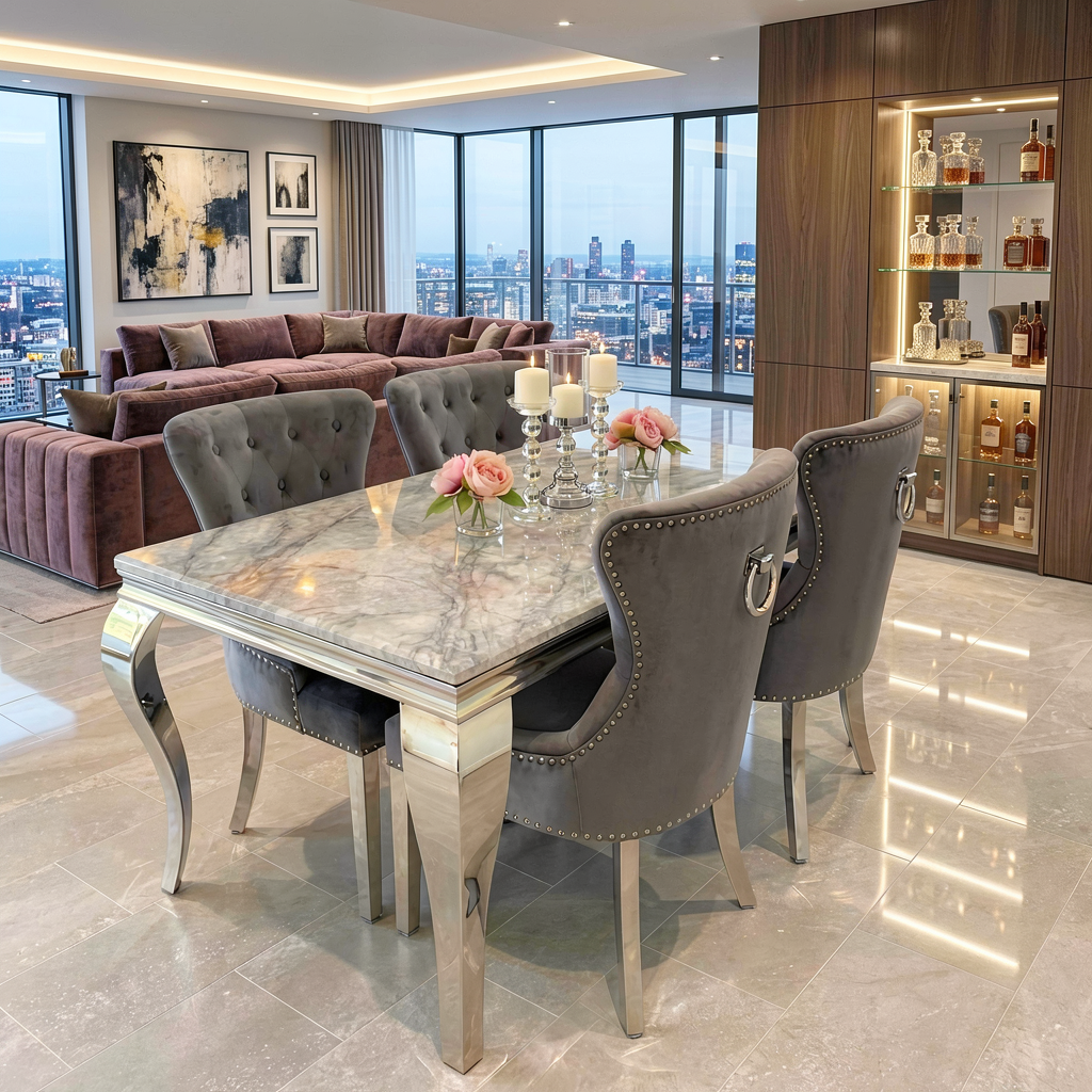 Louis Marble Dining Table With Jessica Ring Knocker Chairs