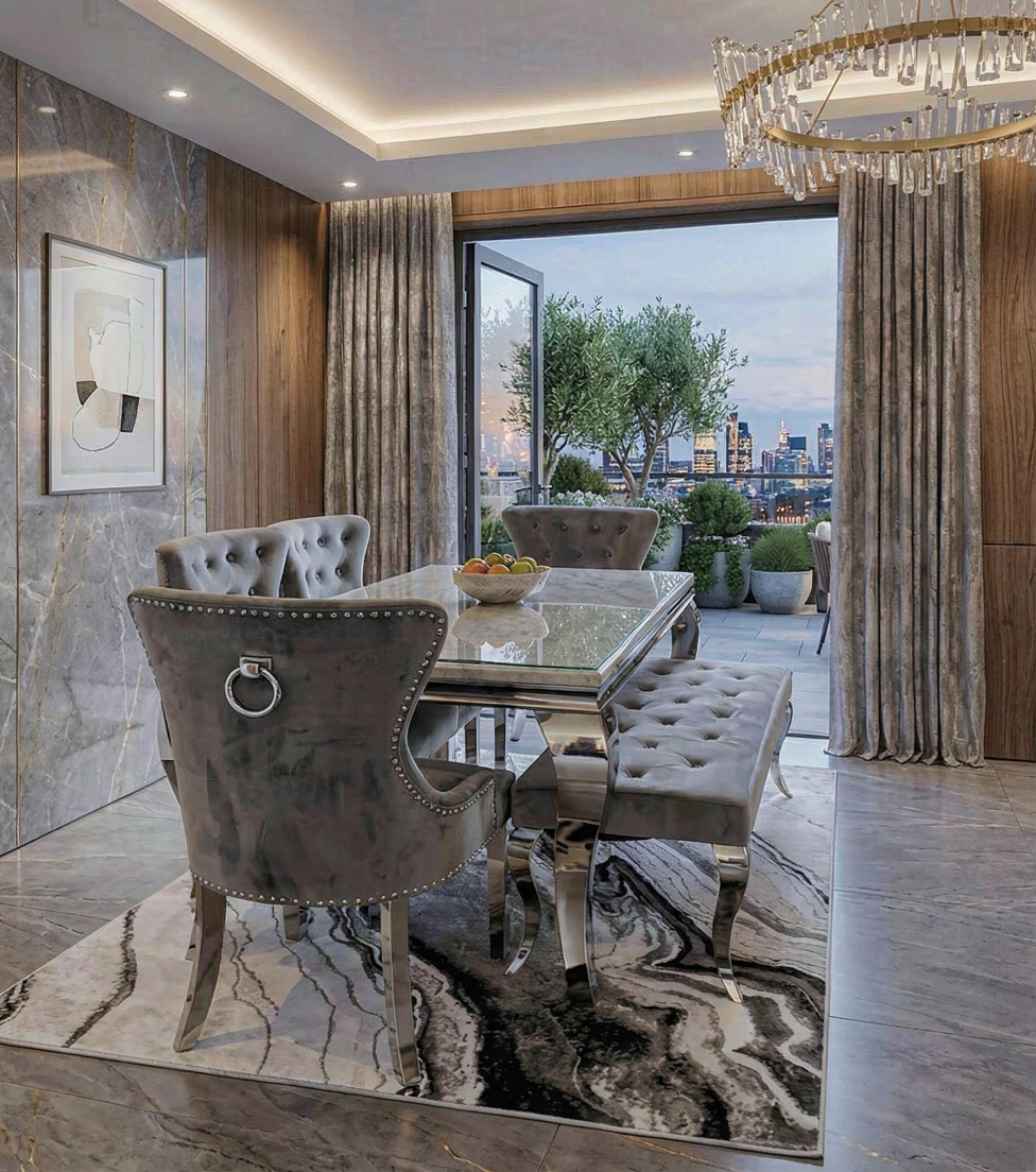 Louis Marble Dining Table With Jessica Ring Knocker Chairs