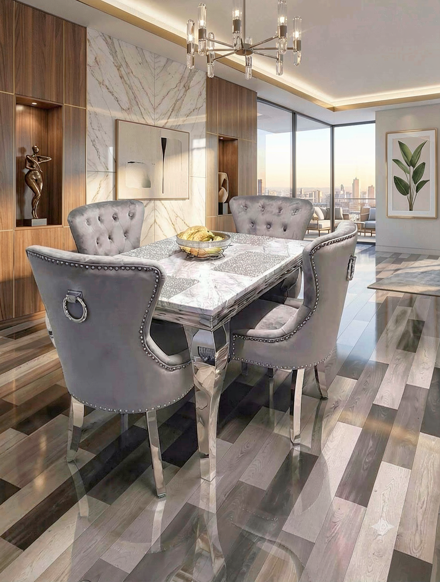 Louis Marble Dining Table With Jessica Ring Knocker Chairs