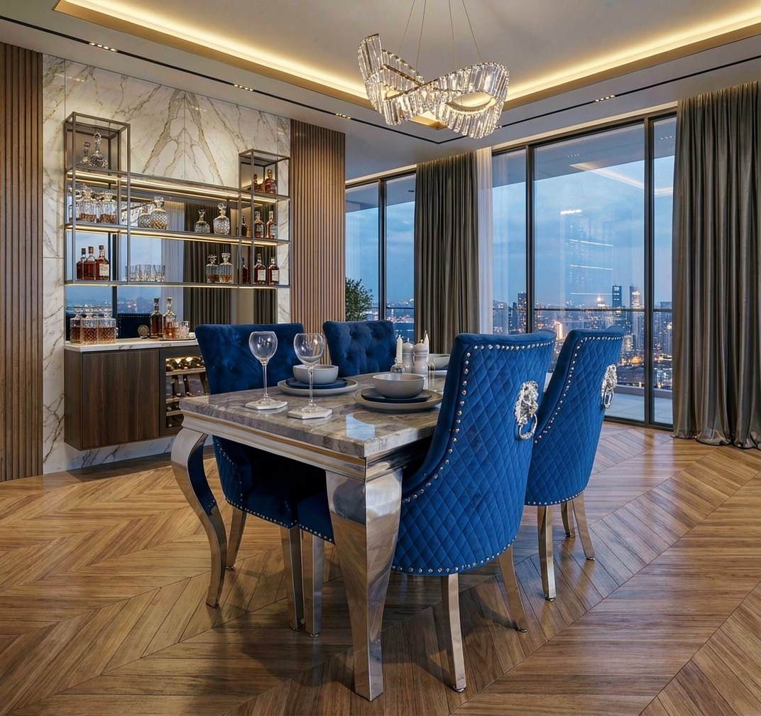 Louis Marble Dining Table With Bently Knocker Chairs lion