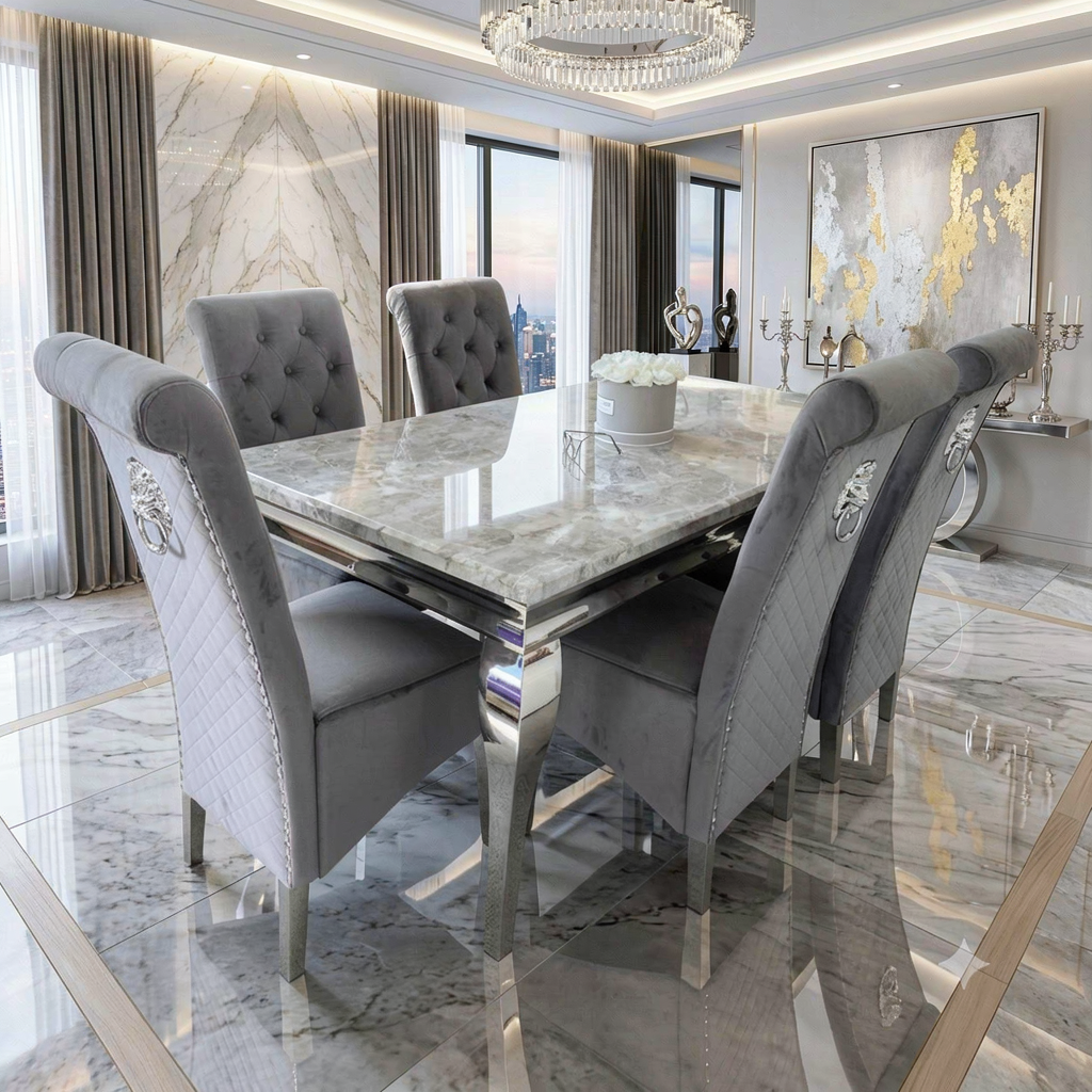 Lewis Marble Top Dining Set With Lucy Lion Knocker Velvet Chairs