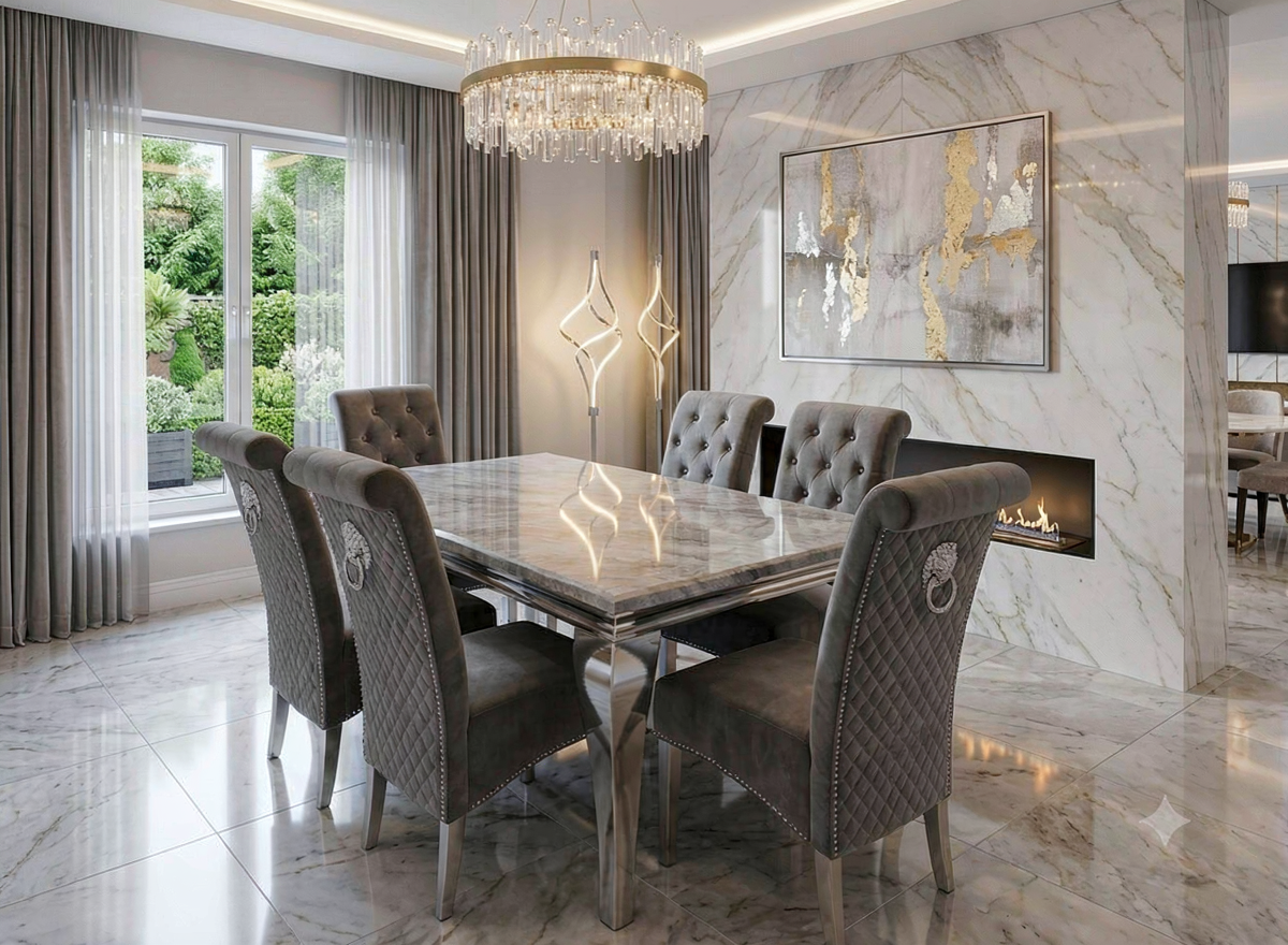 Louis Marble Top Dining Set With Lucy Lion Knocker Velvet Chairs
