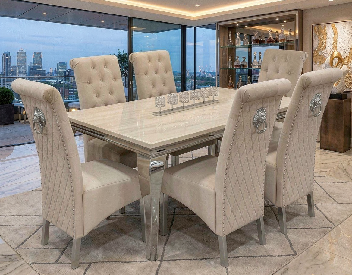 Louis Marble Top Dining Set With Lucy Lion Knocker Velvet Chairs