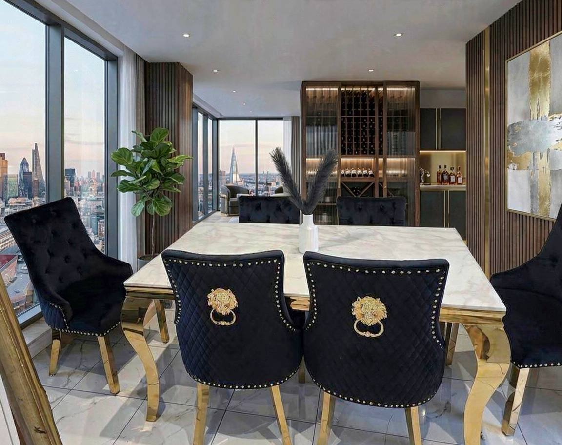 Lewis Cream & Gold Marble Dining Table With Bentley Gold Chairs