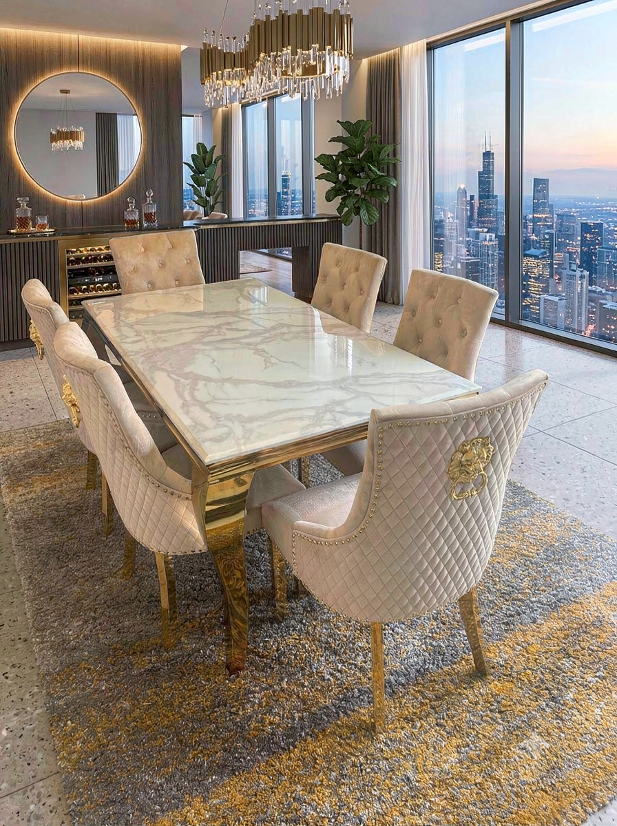 Lewis Cream & Gold Marble Dining Table With Bentley Gold Chairs