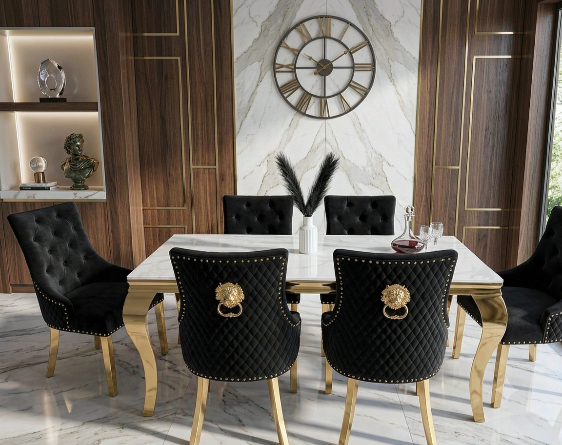 Lawis Marble Gold Dining Set With Victoria Gold Lion or Plain Ring Velvet Knocker Chairs