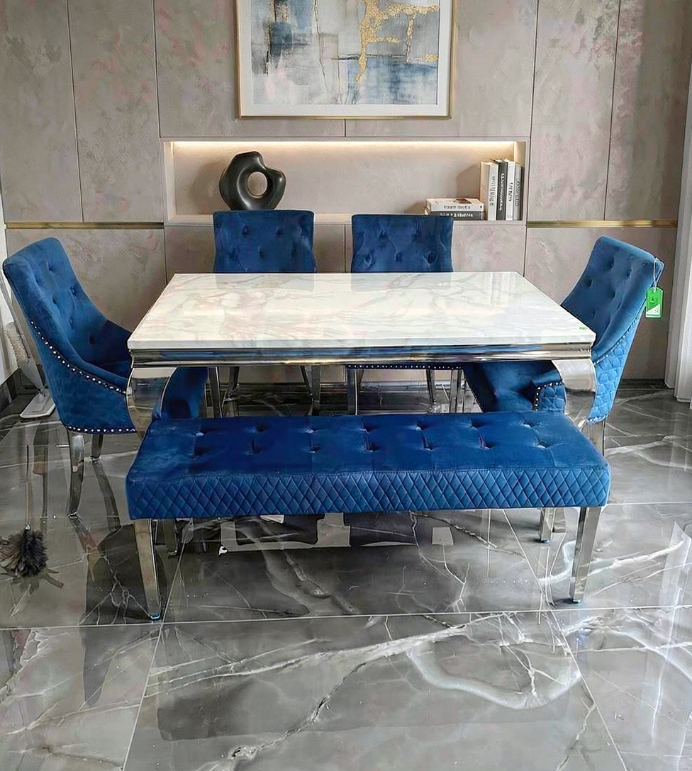 Louis Marble Dining Table With Venice Lion Knocker Chairs & Bench Option