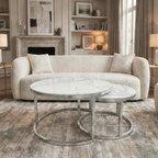 Kaito Nest of 2 Short Round Coffee Silver Tables with Polar White Sintered Stone Tops