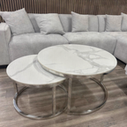 Kaito Nest of 2 Short Round Coffee Silver Tables with Polar White Sintered Stone Tops