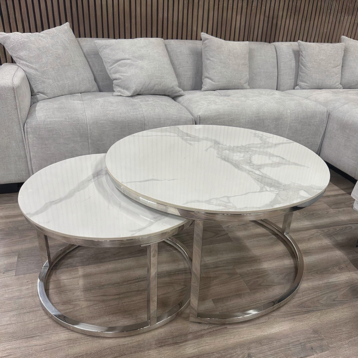 Kaito Nest of 2 Short Round Coffee Silver Tables with Polar White Sintered Stone Tops