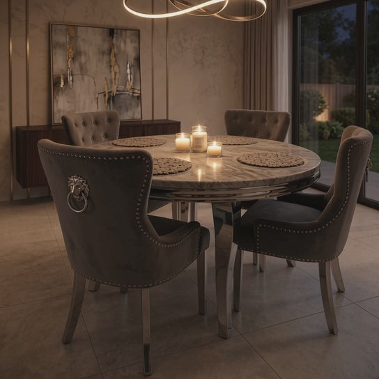 Louis Round Marble Dining Table With 4 Chelsea Knockerback Chairs