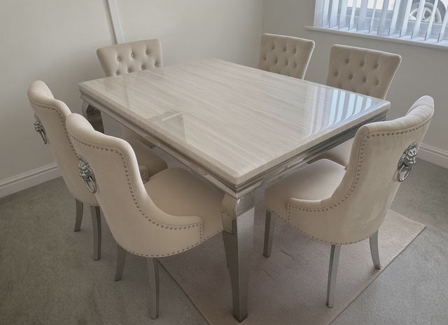 Louis Marble Dining Table With Chelsea Lion Knocker Velvet Chairs