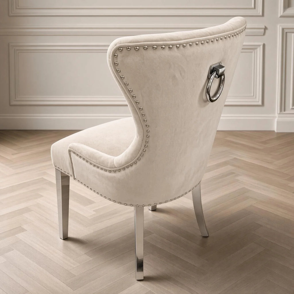 Louis Cream marble dining table with Cream lion knocker Chelsea chairs