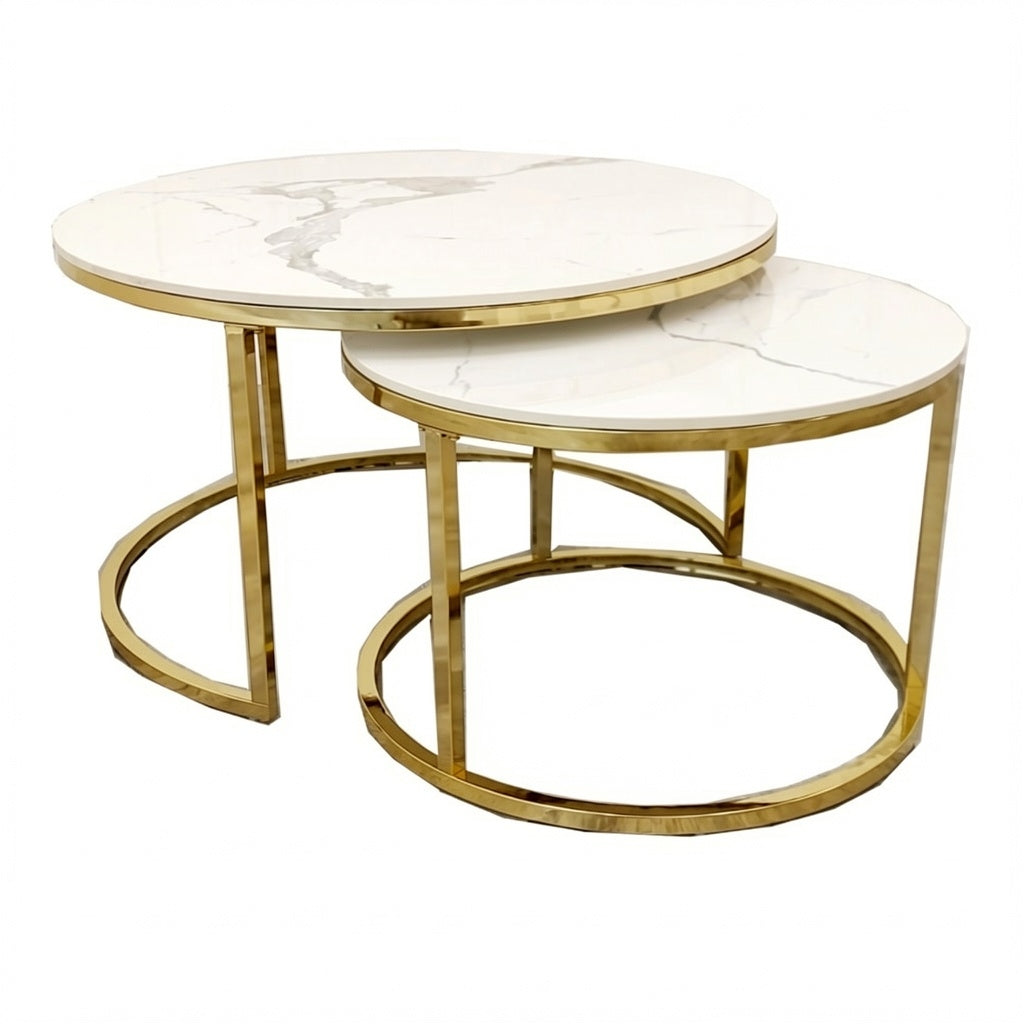 Kaito Nest of 2 Short Round Coffee Gold Tables with Polar White Sintered Stone Tops