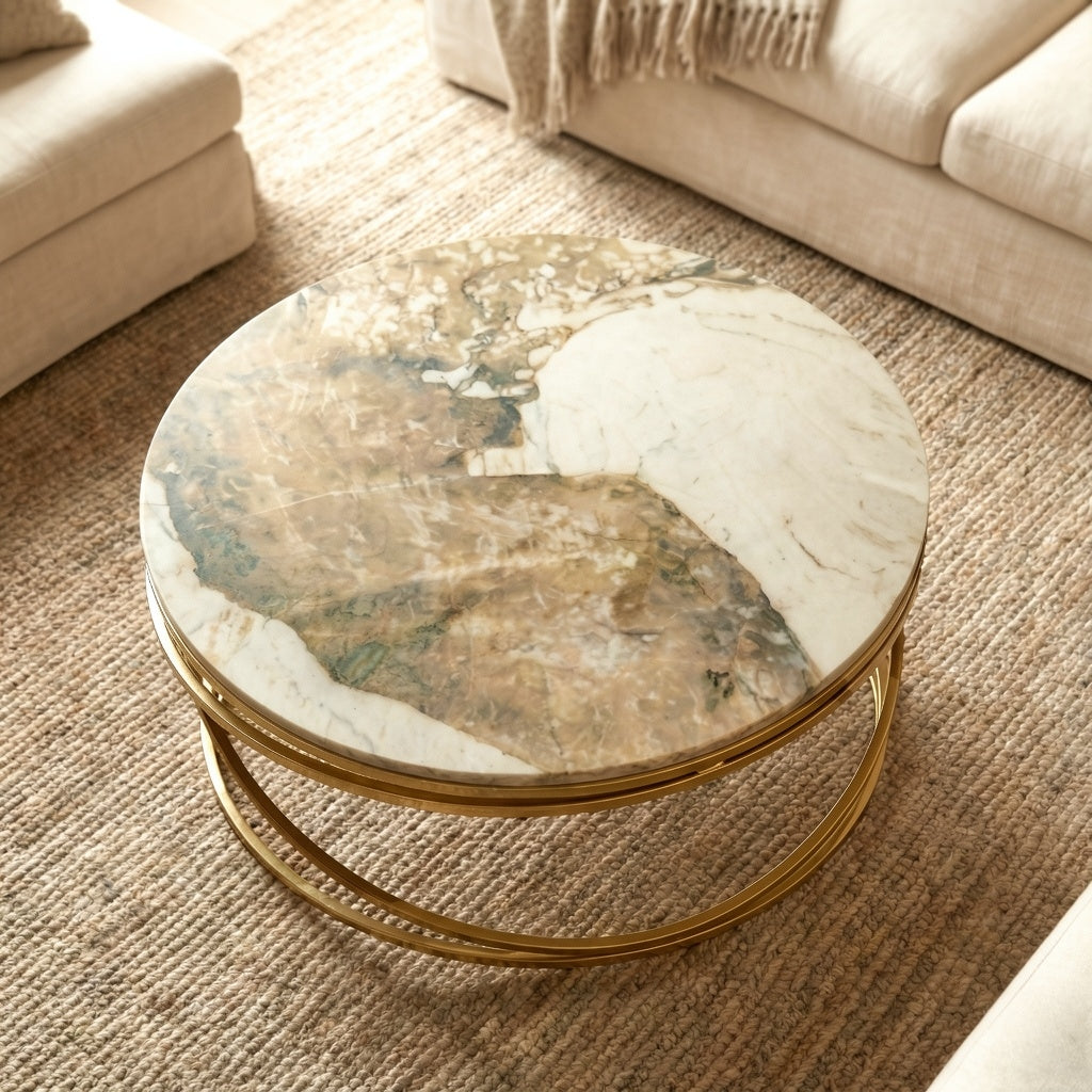 Stig Gold Round Coffee Table with Cream Sintered Stone Top – 80cm