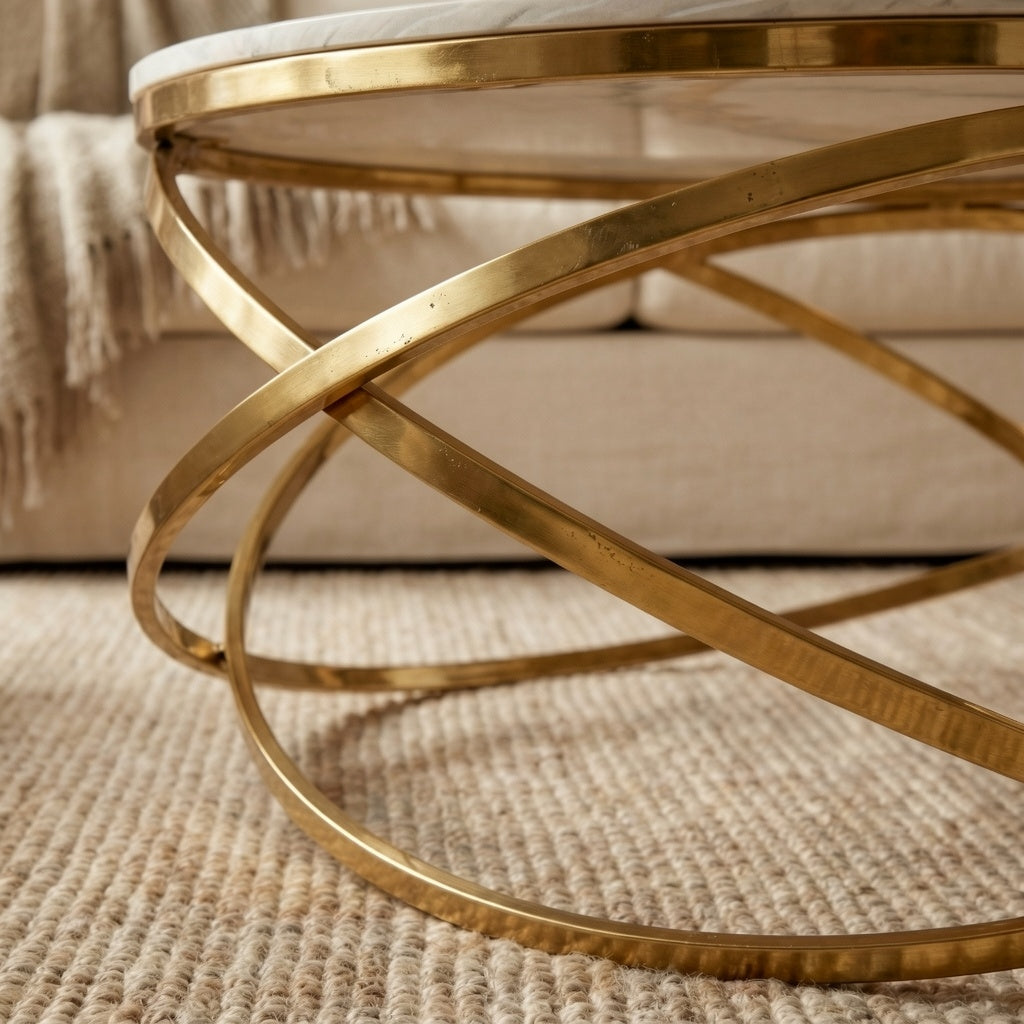 Stig Gold Round Coffee Table with Cream Sintered Stone Top – 80cm
