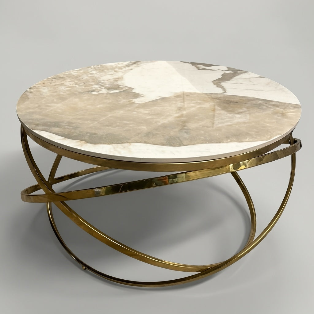 Stig Gold Round Coffee Table with Cream Sintered Stone Top – 80cm