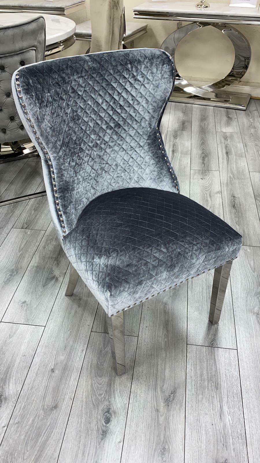 Louis 110cm Grey Marble Round Dining Table + Valente Grey Lion Button Chairs
