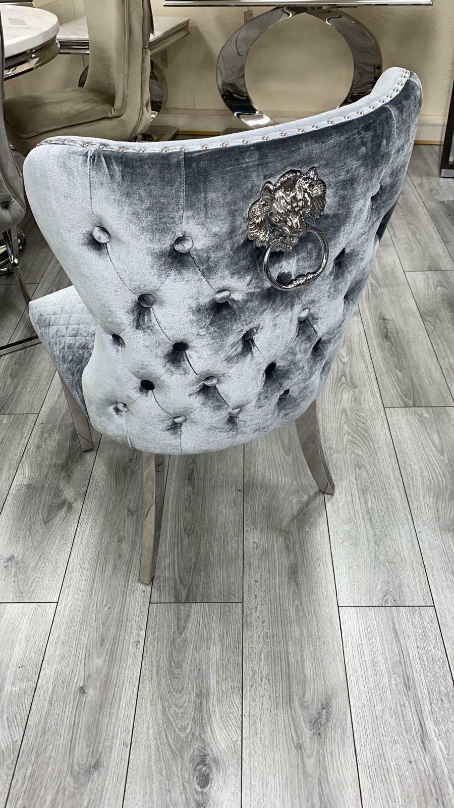 Louis 110cm Grey Marble Round Dining Table + Valente Grey Lion Button Chairs
