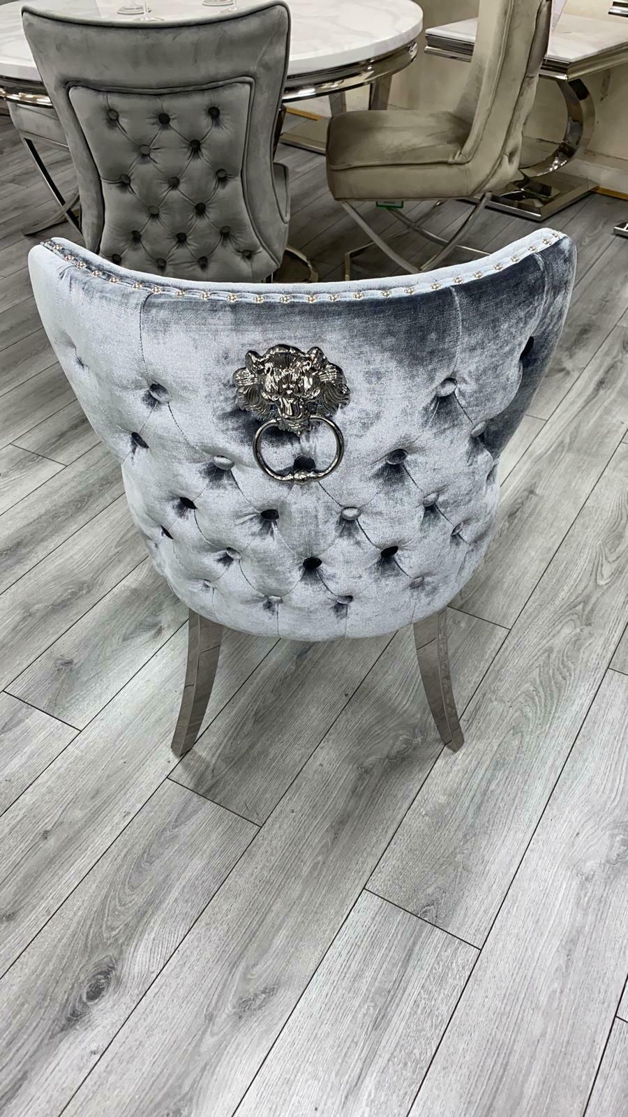 Louis White Marble 130cm Round Dining Table + Lucy Grey Lion Knocker Plush Velvet Chairs