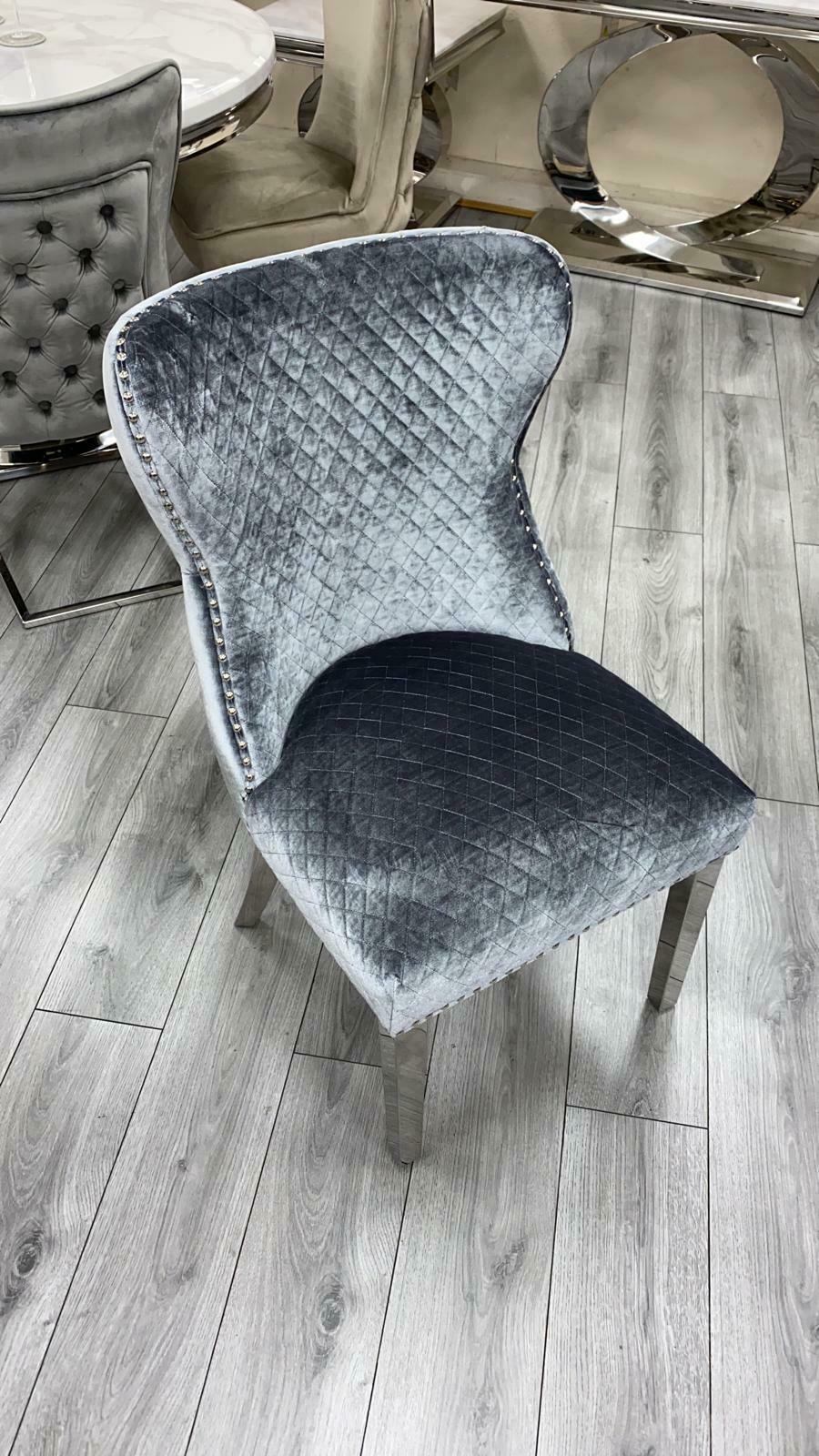 Louis 110cm Grey Marble Round Dining Table + Valente Grey Lion Button Chairs