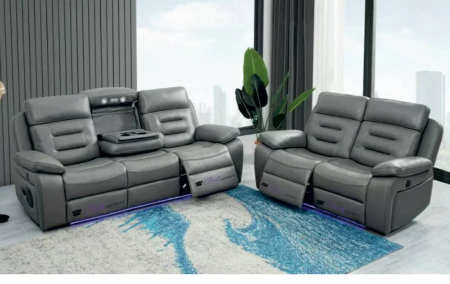 Hifsa 3+2 Seater Grey Leather Electric Recliner Sofa with Cup Holders,Speaker, LED Lights & Wireless Charger, USB Port