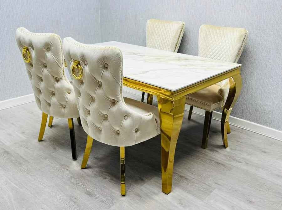 Louis Marble Gold Dining Set With Victoria Gold Lion or Plain Ring Velvet Knocker Chairs