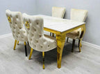 Louis Marble Gold Dining Set With Victoria Gold Lion or Plain Ring Velvet Knocker Chairs