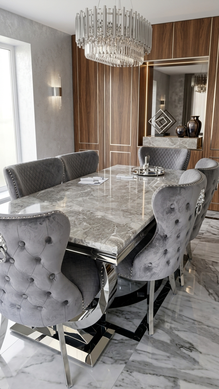 Arianna Marble Dining Table With Lewis Lion Knocker Velvet Chairs
