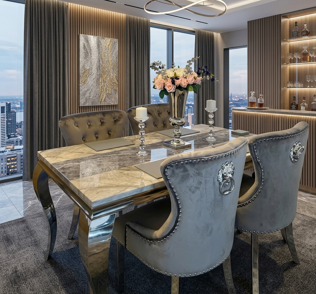 Lewis  Marble Dining Table With Chelsea Lion Knocker Velvet Chairs