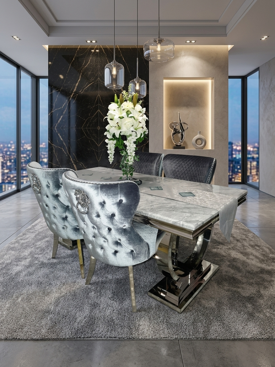 Lewis Marble Dining Table With Lewis Lion Knocker Velvet Chairs