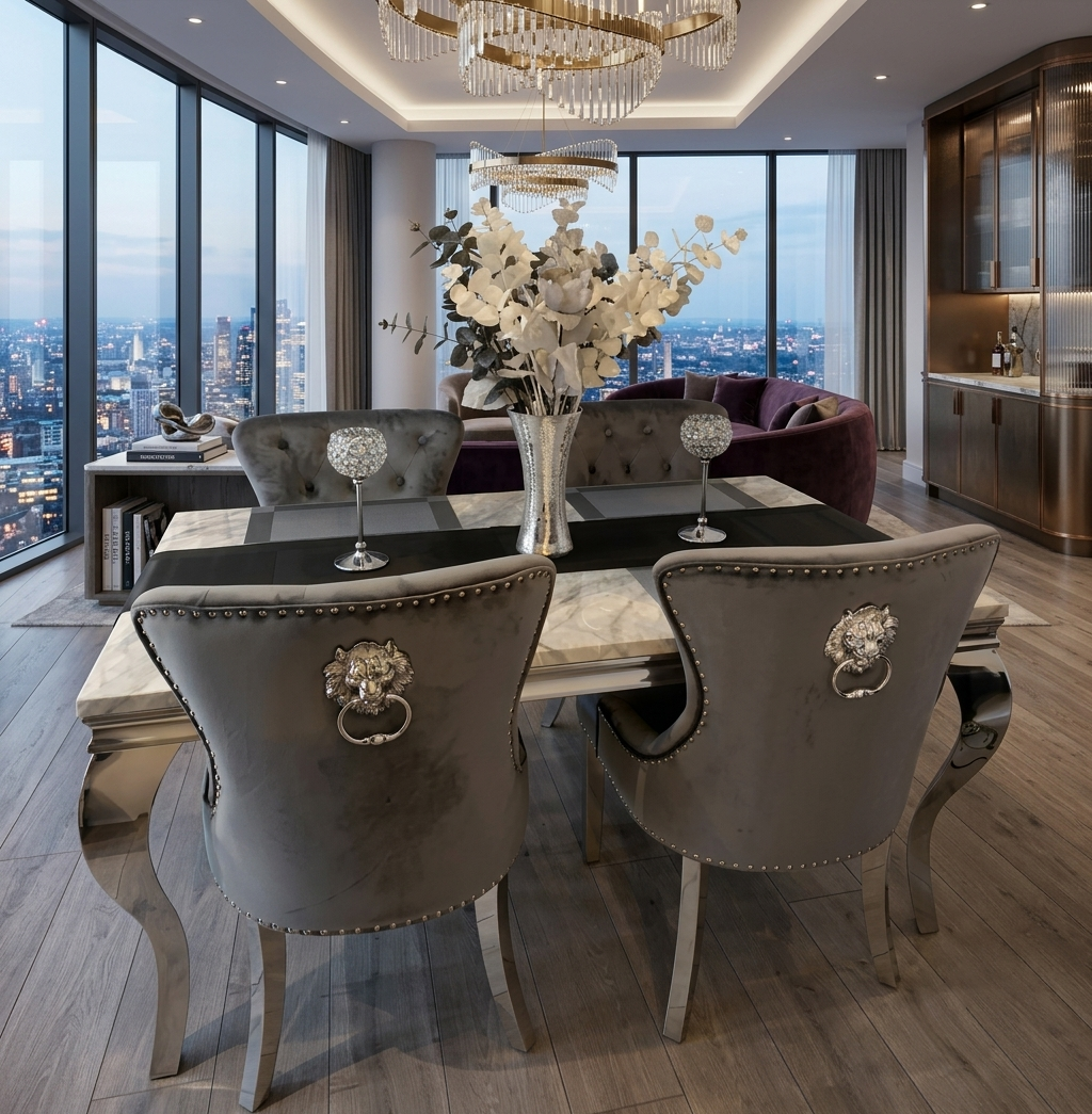 Louis Marble Dining Table With Chelsea Lion Knocker Velvet Chairs