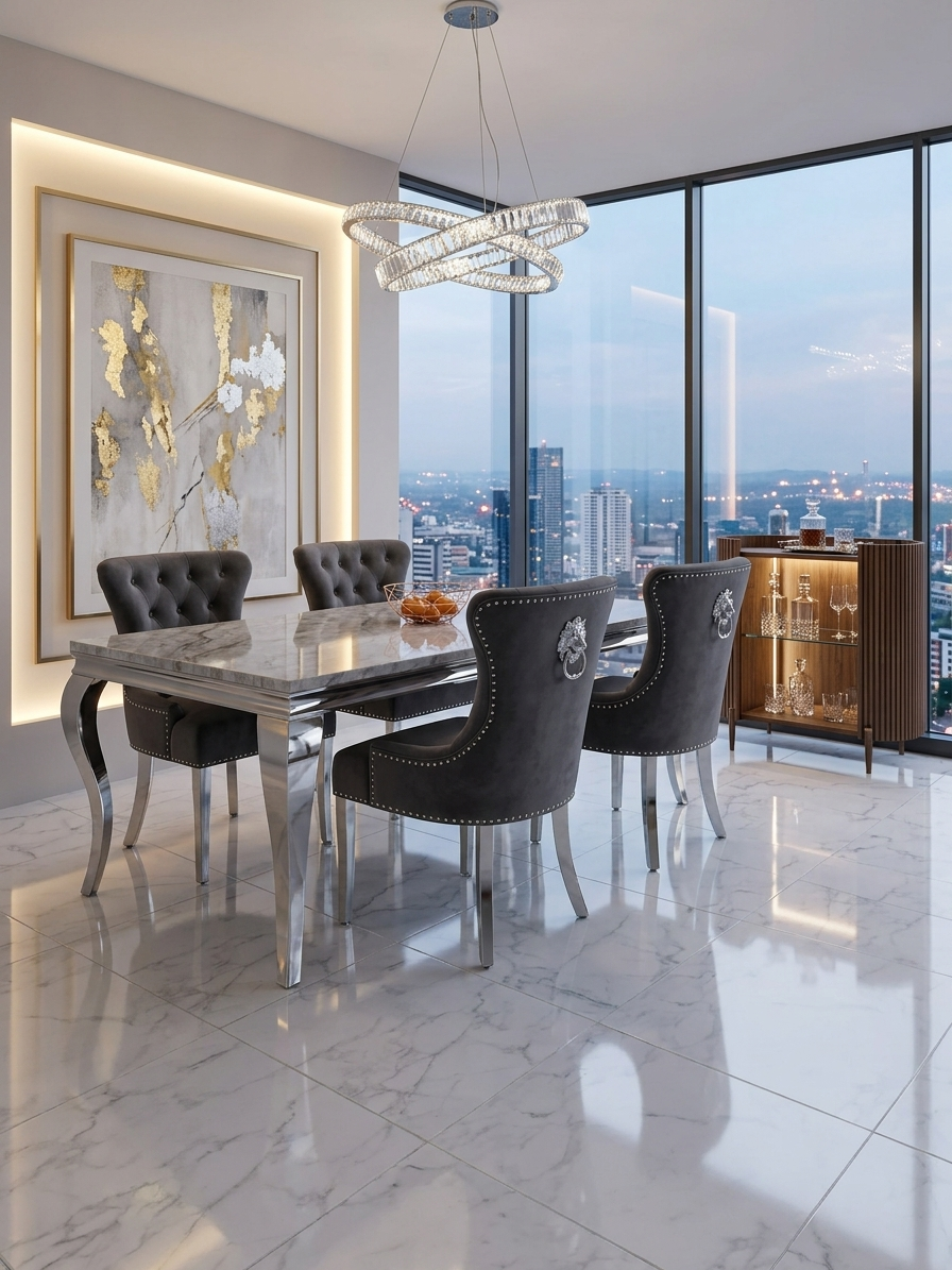 Lewis  Marble Dining Table With Chelsea Lion Knocker Velvet Chairs
