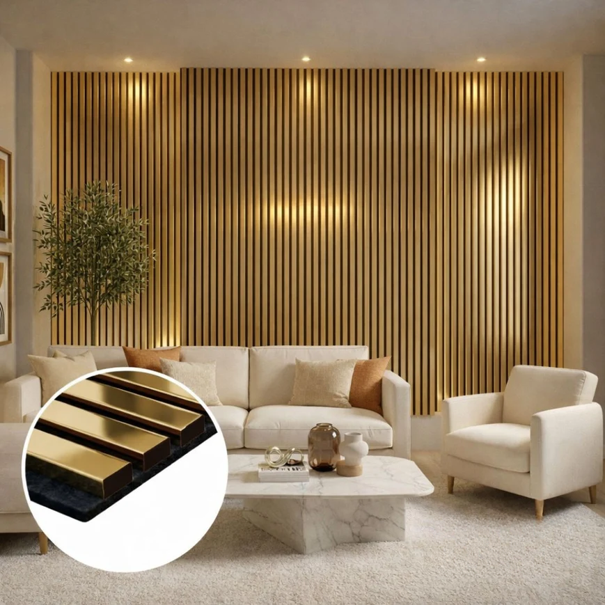 Extra Wide Gold Effect Acoustic Premium slatted wooden felt back wall Panels 2400mm x 600m x18mm